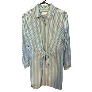 Calvin Klein Women Green Blue Striped Tie Front Long Sleeve Shirt Dress Size 4